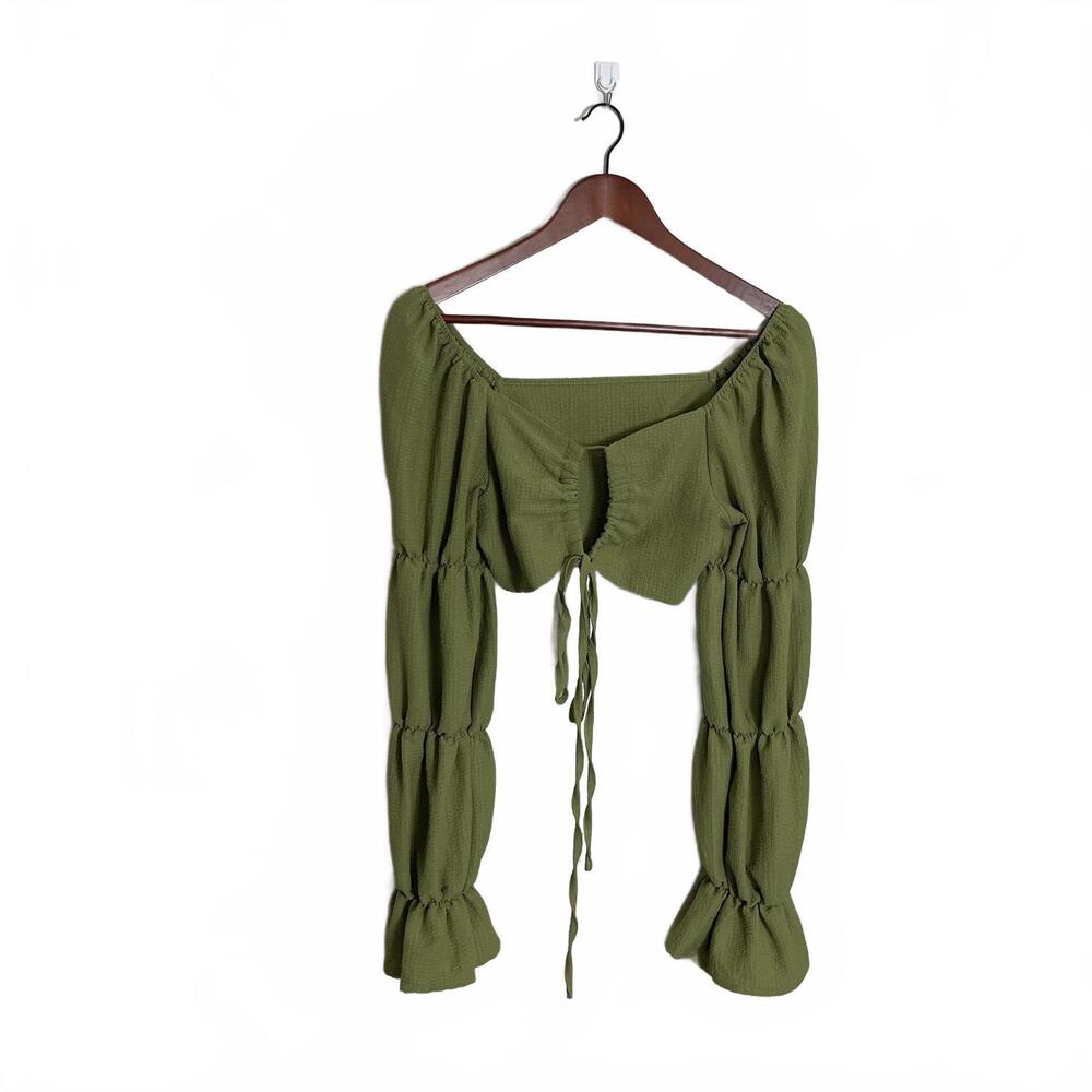 Tie Front Key Hole Long Balloon Sleeve Crop Top | Fairy Cottagecore Western Boho - Picture 2 of 6